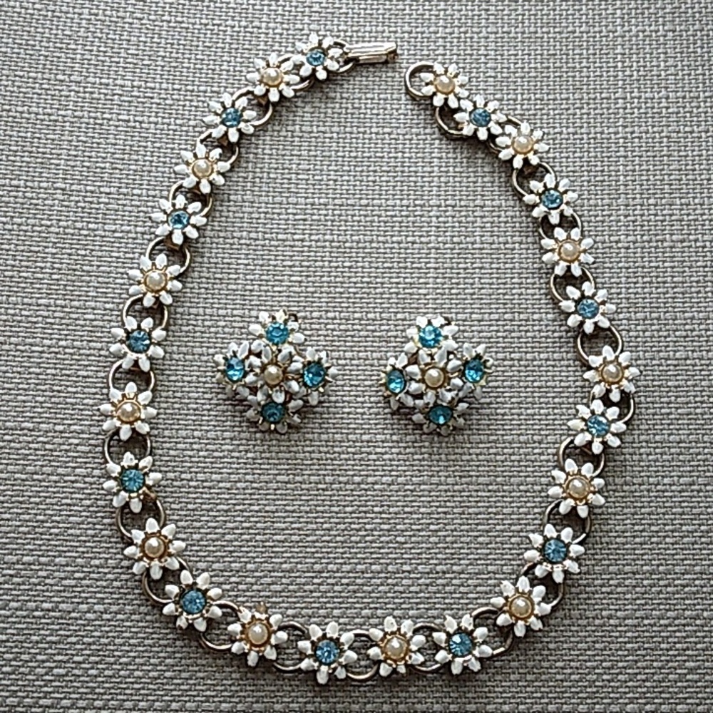 Vintage White Enamel Pearl and Blue Crystal Daisy Necklace and Earring Set